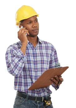 Phone call, construction and man with clipboard on a white background studio for contact, planning or talking. Engineering, architecture and worker on cellphone for building, inspection or discussion