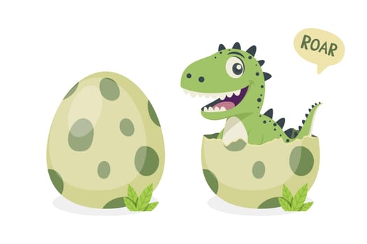 Vector Flat T-Rex Hatched From an Egg. Cartoon Smiling Happy Cute Funny Tyrannosaurus Rex Sitting in Egg. Vector Illustration