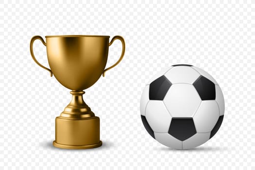 Realistic Vector 3d Blank Golden Champion Cup Icon with Soccer Ball Set Closeup Isolated. Design Template of Championship Trophy. Sports Awards and Victory Celebrations Concept