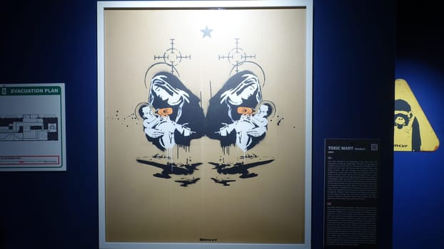 Stockholm, Sweden, December 29 2023. Art exhibition. The mystery of Banksy A genius mind.