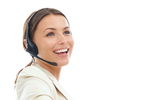 Happy woman, consultant and call center in customer service or telemarketing on a white studio background. Face of friendly person or agent smile with headphones for online advice on mockup space
