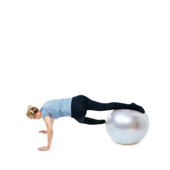 Woman, ball or balance in studio mockup for workout, wellness or mobility exercise on white background. Athlete, training equipment or fitness for core challenge, stretching body or flexibility space