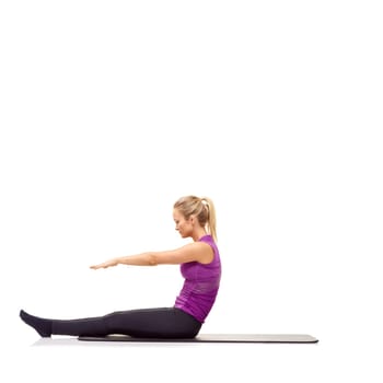 Woman, stretching or exercise on mat in studio for fitness, workout or healthy body and mock up space. Person, training and wellness for abdomen muscle or core strength on floor with white background