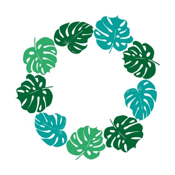Monstera silhouette green leaves circle wreath, floral boarder for card or invite. Vector tropical jungle leaves modern background.