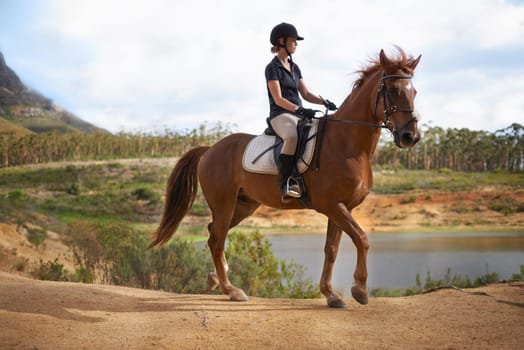Equestrian, woman and riding a horse in nature on adventure and journey in countryside. Ranch, animal and rider outdoor with hobby, sport or walking a pet on farm with girl in summer at river