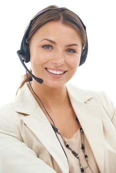 Happy woman, portrait and headphones of consultant in call center for telemarketing on a white studio background. Face of female person, employee or agent smile with headset for online advice or help