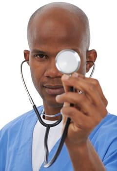 Stethoscope, black man and portrait of surgeon serious for heartbeat, breathing or doctor service assessment. Studio face, cardiology tools and nurse for cardiovascular evaluation on white background