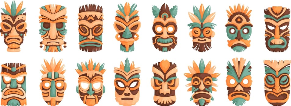 Set of sixteen wooden tiki masks. Cartoon ceremonial tiki totem masks, African or Hawaiian idols. Set of vector illustrations Ethnic tribal ritual masks.