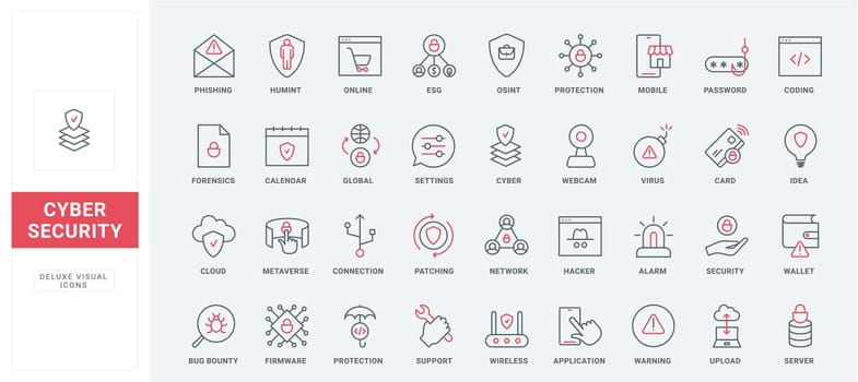 Cyber security, safety digital connection, fraud and bugs, virus attack line icons set