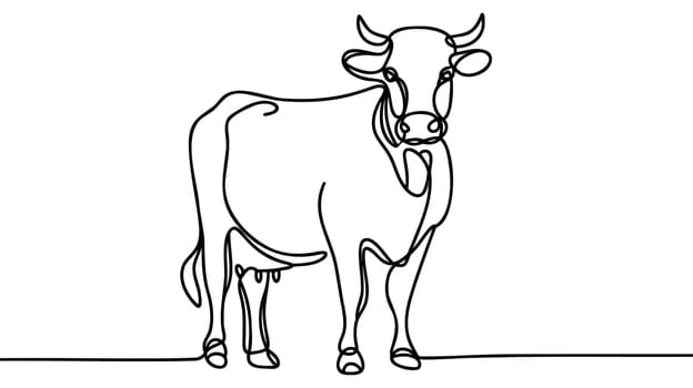 Cow on pasture in continuous line art drawing style. Grazing cow minimalist black linear sketch isolated on white background.