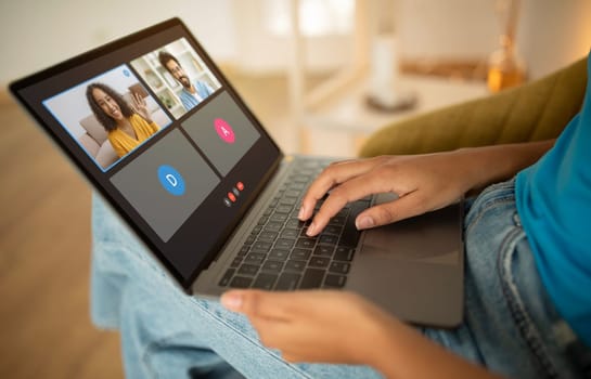 Cropped african american woman have video conference at home