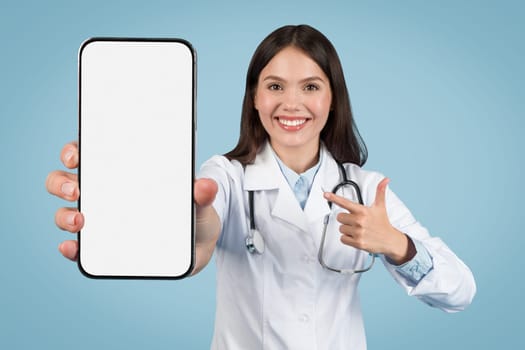 Doctor woman endorsing smartphone app, digital health promotion