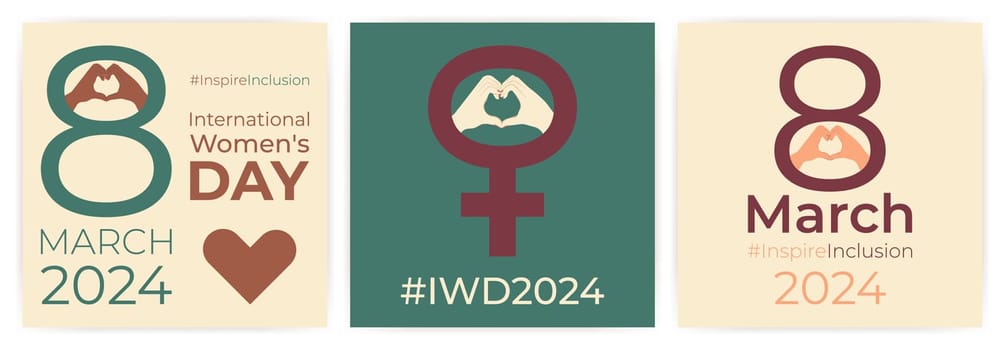 2024 International Women's day poster. InspireInclusion postcard with text and Venus sign in 8 Marth. Greeting Card for information about theme of social campaign Inspire Inclusion