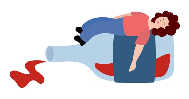 Alcoholism problem. Unhealthy lifestyle. Alcohol abuse and addiction. Alcoholic woman character. Drunk girl lying on bottle of wine. Vector flat illustration.