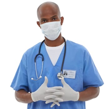 Clasping hands, man and doctor with portrait, professional and employee isolated on a white studio background. Face cover, nurse or surgeon with confidence, healthcare and protection with regulations.