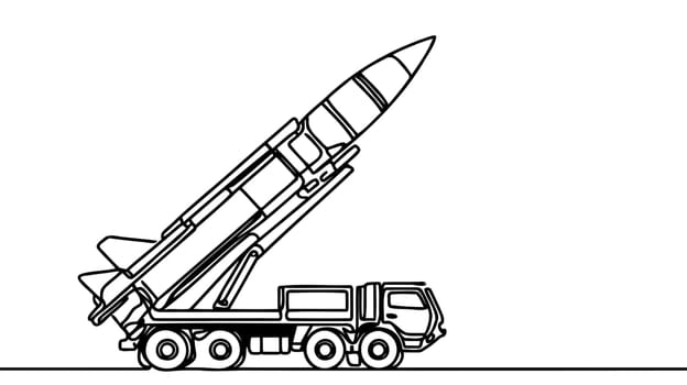 Mobile launch rocket system, Missile vehicle. ballistic missile launcher. One line drawing for different uses. Vector illustration
