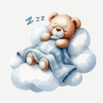 Cute baby teddy bear sleeping on the cloud.