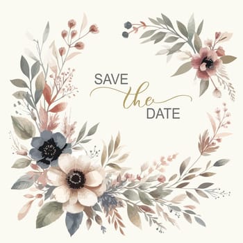 Wedding watercolor round frame with elegant greenery botanical leaf and flowers. Save the date.