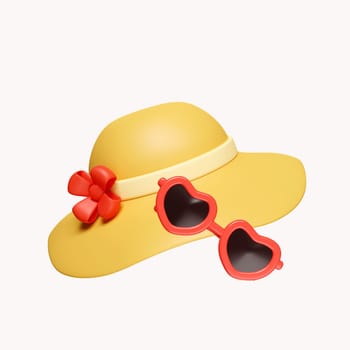 3d Red sunglasses yellow hat. vacation time. summer vacation concept. icon isolated on white background. 3d rendering illustration. Clipping path.