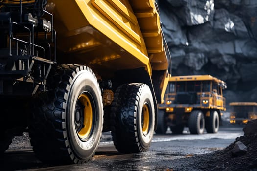 Closeup detailed large yellow dump truck for coal anthracite on the background of coal mining
