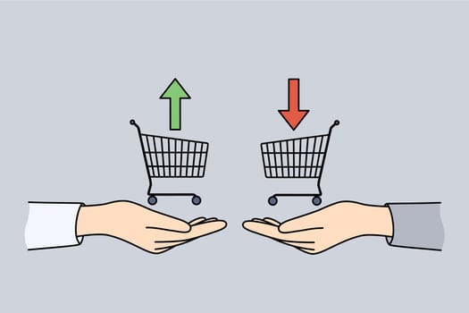Traders hands with consumer baskets and up or down arrows symbolize buying and selling bonds
