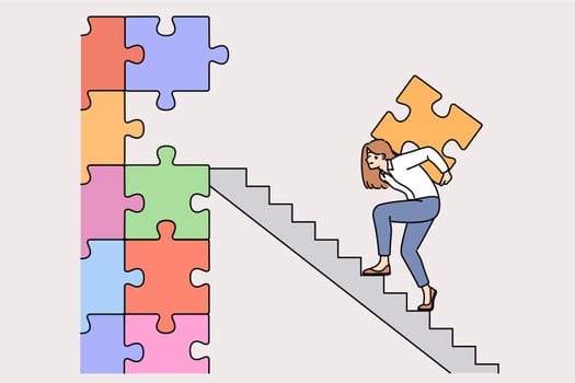 Business woman working hard climbing career ladder with puzzle piece to build successful company