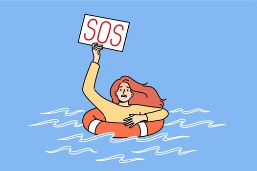 Drowning woman with sos sign uses lifebuoy, floating in water after falling overboard ship