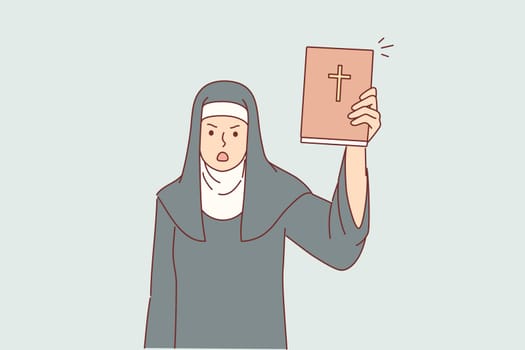 Woman nun from church shows holy bible in shock and swears because of violations of rules of conduct