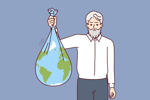 Old man litters environment by holding garbage bag in shape of planet earth, pollution environmental