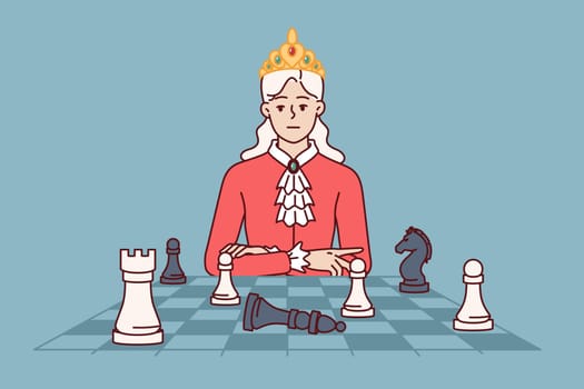 Woman monarch plays chess to develop strategic thinking and awaits opponent move with haughty look