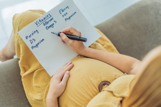 Expectant woman diligently compiles a list of doctor-prescribed vitamins for a healthy pregnancy, ensuring optimal care and well-being