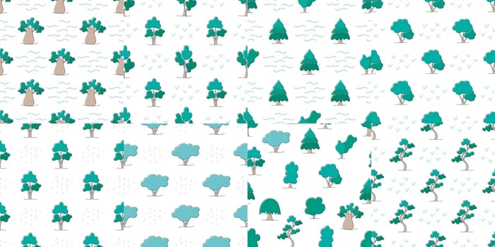 Trees ecological seamless pattern set