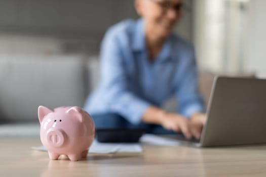 Piggybank standing near mature woman making investment on laptop indoor