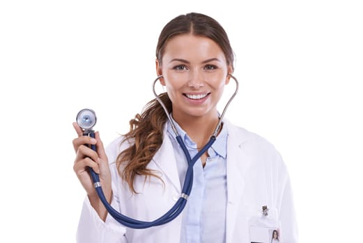 Doctor, portrait and woman with stethoscope for heartbeat, healthcare and cardiology in studio on white background. Happy medical worker with tools to check lungs, cardiovascular test and evaluation