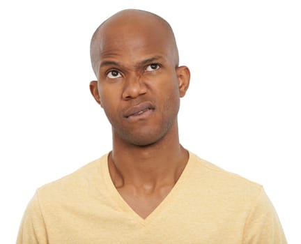 Portrait, confused and black man with decision, thinking and confident guy isolated on white studio background. African person, choice or model with ideas, opportunity and doubt with questions or why