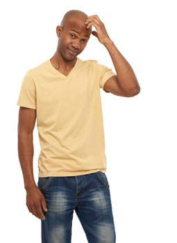 Portrait, doubt and black man with thinking, ideas and confident guy isolated on white studio background. African person, choice or model with opportunity, confused and decision with questions or why
