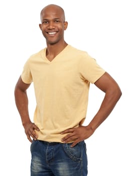 Portrait, smile and black man with fashion, peaceful and confident guy isolated on a white studio background. African person, mockup space and model with his hands on his hips, casual outfit and joy