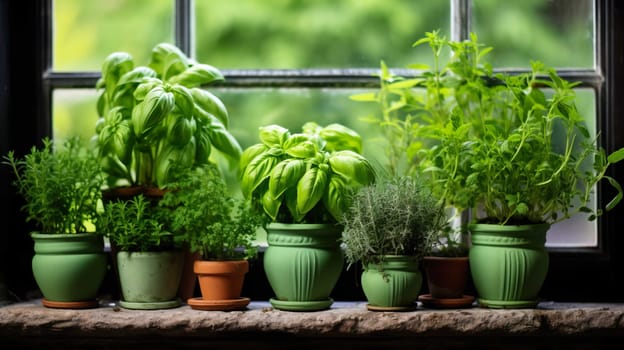  Fresh green herbal , basil, rosemary and coriander in pots place on a window frame , Generate AI