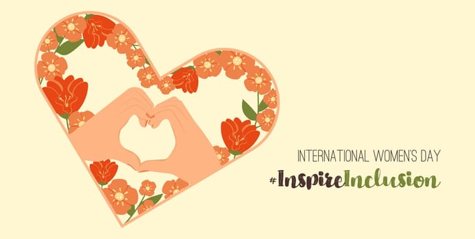 Hands gesture as heart shape banner Inspire Inclusion 2024 move. International Women's Day. Flat illustration. IWD InspireInclusion horizontal design with spring flowers