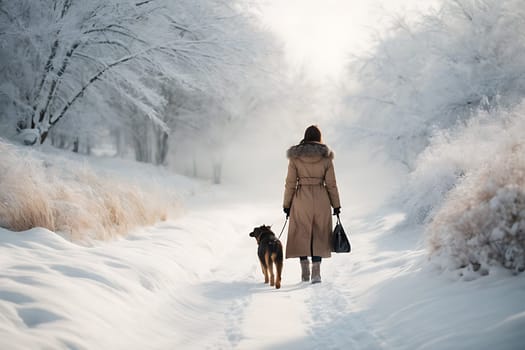 Woman Walking Dog on Snowy Road. Generative AI.
