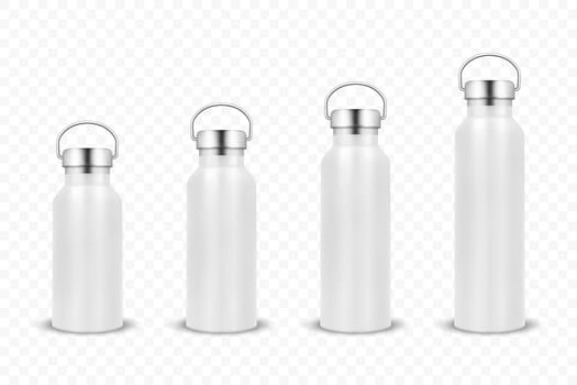 Vector Realistic 3d White Blank Glossy Metal Reusable Water Bottle Icon Set with Silver Bung Closeup Isolated on White Background. Design Template of Packaging Mockup. Front View