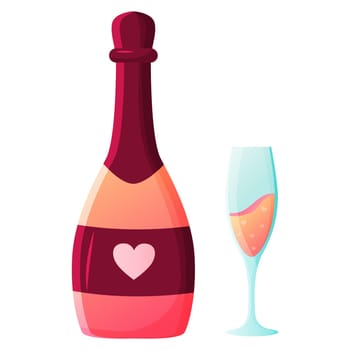 Vector wine or champagne glass bottle with wine glass isolated on white. Valentines day design elements for greeting card illustration
