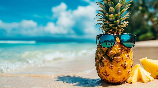 pineapple with glasses on the beach. Selective focus. food.