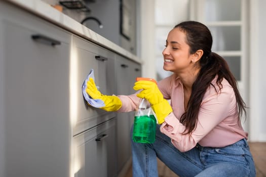 Smiling young woman cleaning kitchen cabinet with spray and cloth