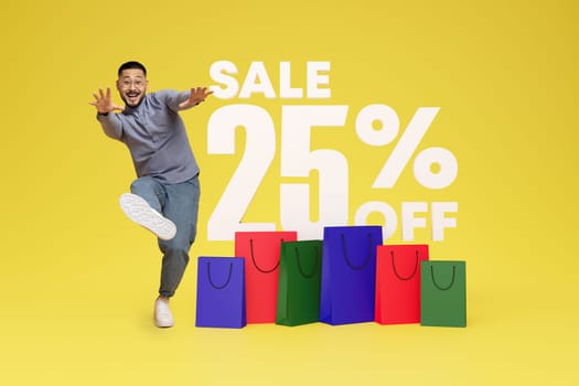 Cheerful Korean Shopaholic Man Posing Near Bright Shopper Bags, Collage