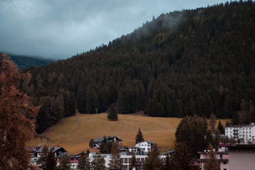 Alpine Village Awaits Winter's Cloak Beneath a Canopy of Autumnal Pines