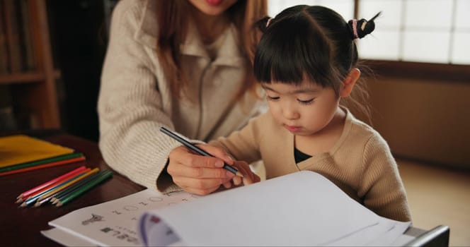 Mother, child and drawing learning or pencil for home schooling lesson, Japanese or tutor. Female person, girl daughter and book paper in Tokyo or writing help for art studying, creative or project