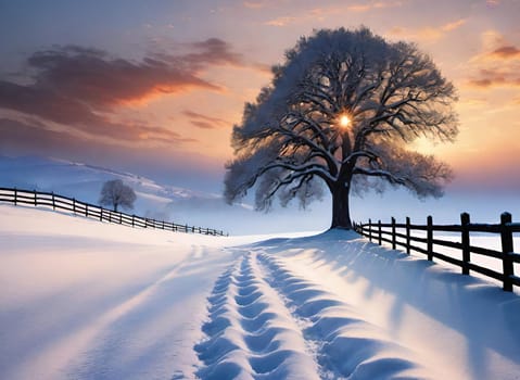 Beautiful winter landscape with frozen tree.