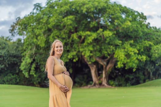 Tranquil scene as a pregnant woman enjoys peaceful moments in the park, embracing nature's serenity and finding comfort during her pregnancy
