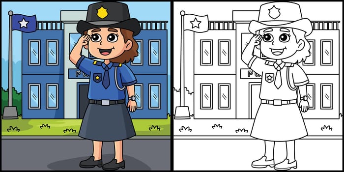 Policewoman Coloring Page Colored Illustration